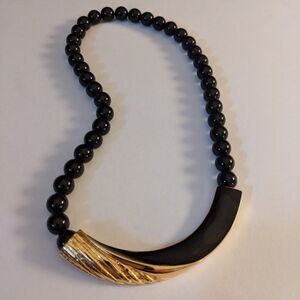 Vintage Trifari Black Enamel and Gold Tone Bar and Bead Statement Necklace 17"